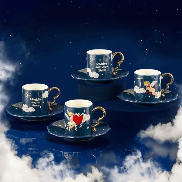 Bialetti Cielo Stellato – Σετ 4 φλιτζανιών με πιατάκια με αγγέλους